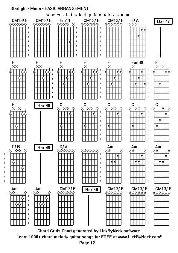 Chord Grids Chart of chord melody fingerstyle guitar song-Starlight - Muse - BASIC ARRANGEMENT,generated by LickByNeck software.